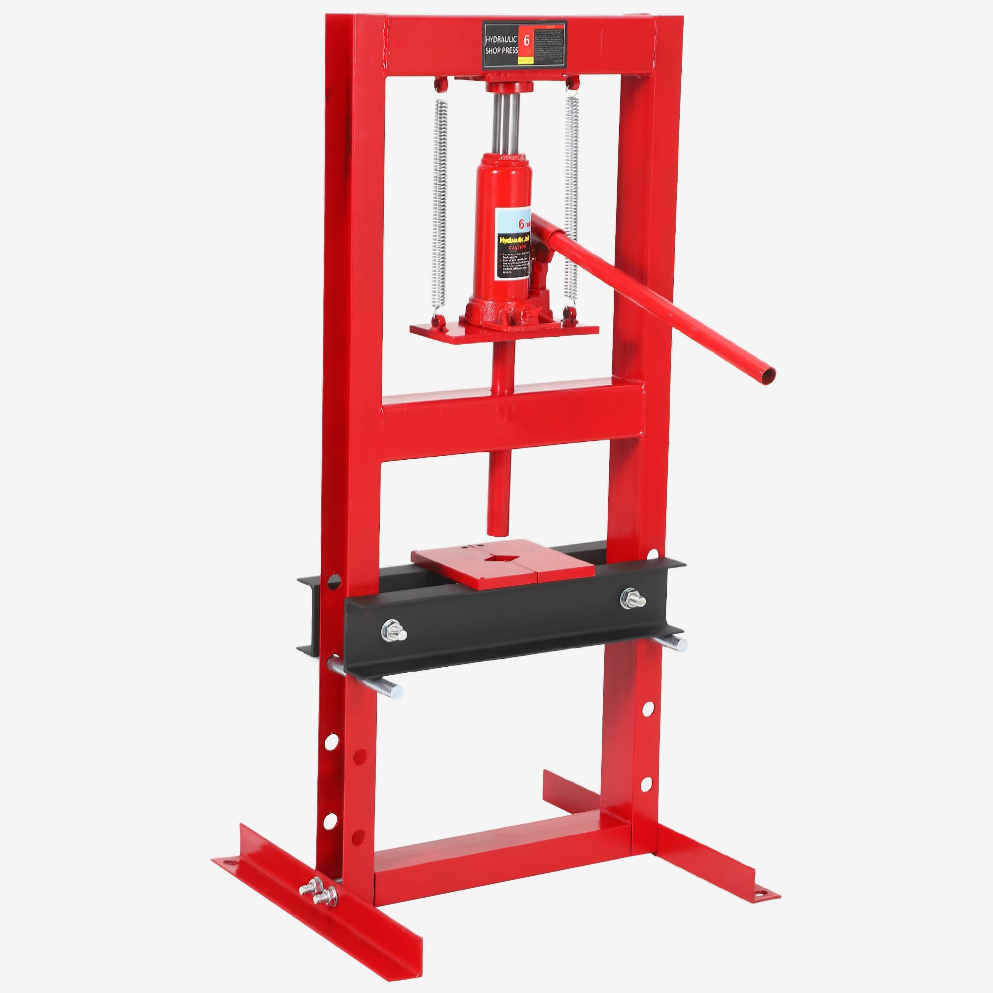 Pressa Idraulica da Officina 6T per Manutenzione Sistemi Frenanti Auto - Struttura H Pesante Regolabile - Piastre di Stampaggio Incluse - Ideale per Garage - Trave Nera, Struttura Rossa