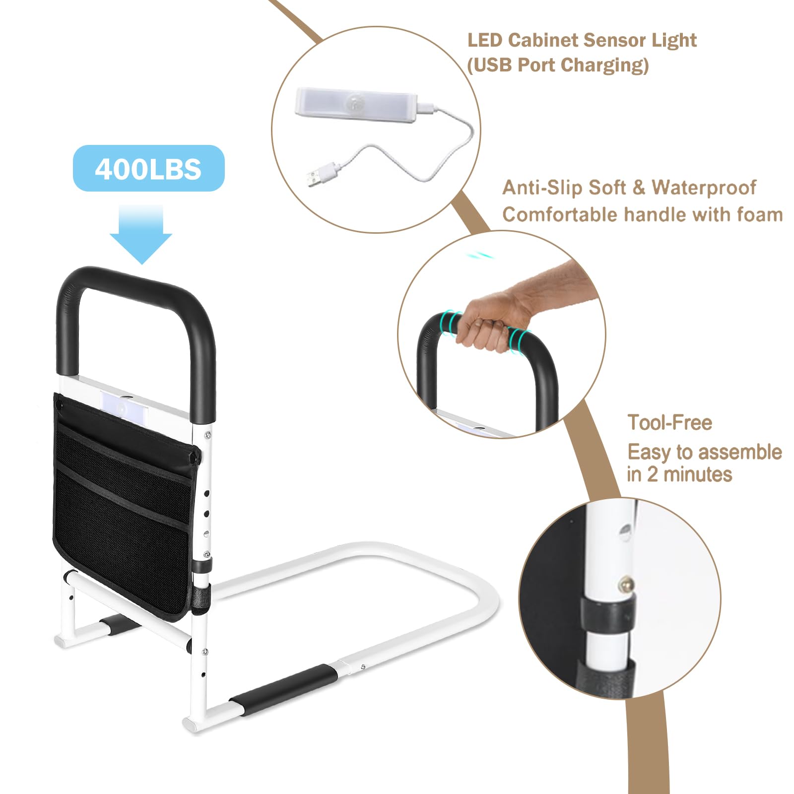 Rieles de Cama para Adultos Mayores, Riel de Ayuda para Cama de Altura Ajustable para Personas Mayores Barra de Agarre para Evitar Caídas junto a la Cama con Bolsa de Almacenamiento y Correa de Fija