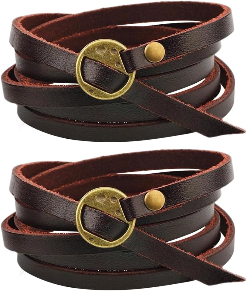 2PCS Genuine Leather Cuff Bracelets Adjustable Cowhide Leather Boho Layered Arm Armor Cuff Vintage Western Dark Brown Stackable Straps Wristbands Wrist Wrap with Toggle Clasp for Men Women
