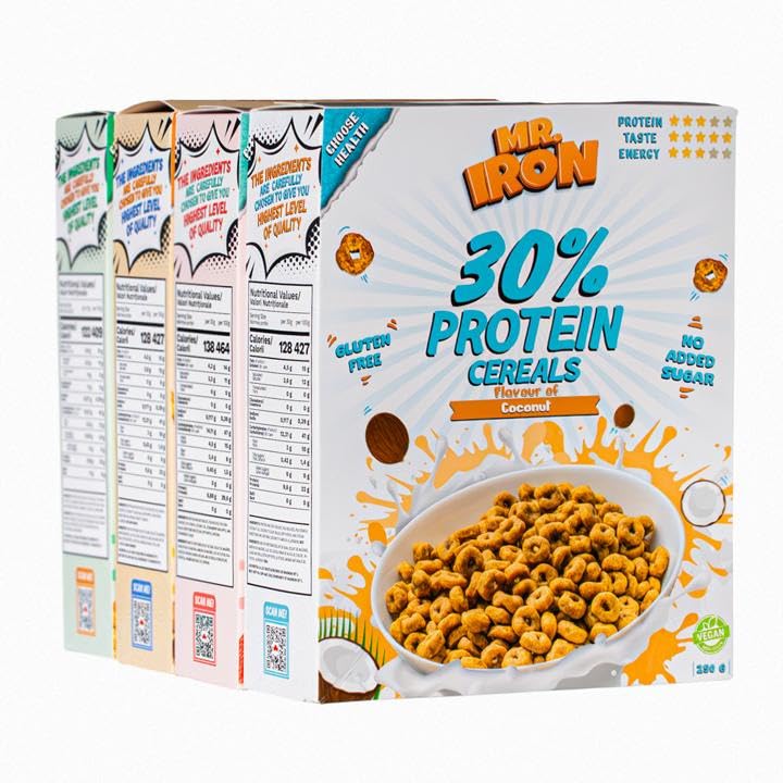 MR.IRON Mister Iron 30% Protein-Cerealien, verschiedene Geschmacksrichtungen, glutenfrei, kohlenhydratarm, zuckerarm, vegan, pflanzlich, gesundes Frühstück, 4 Boxen (MIX 1)