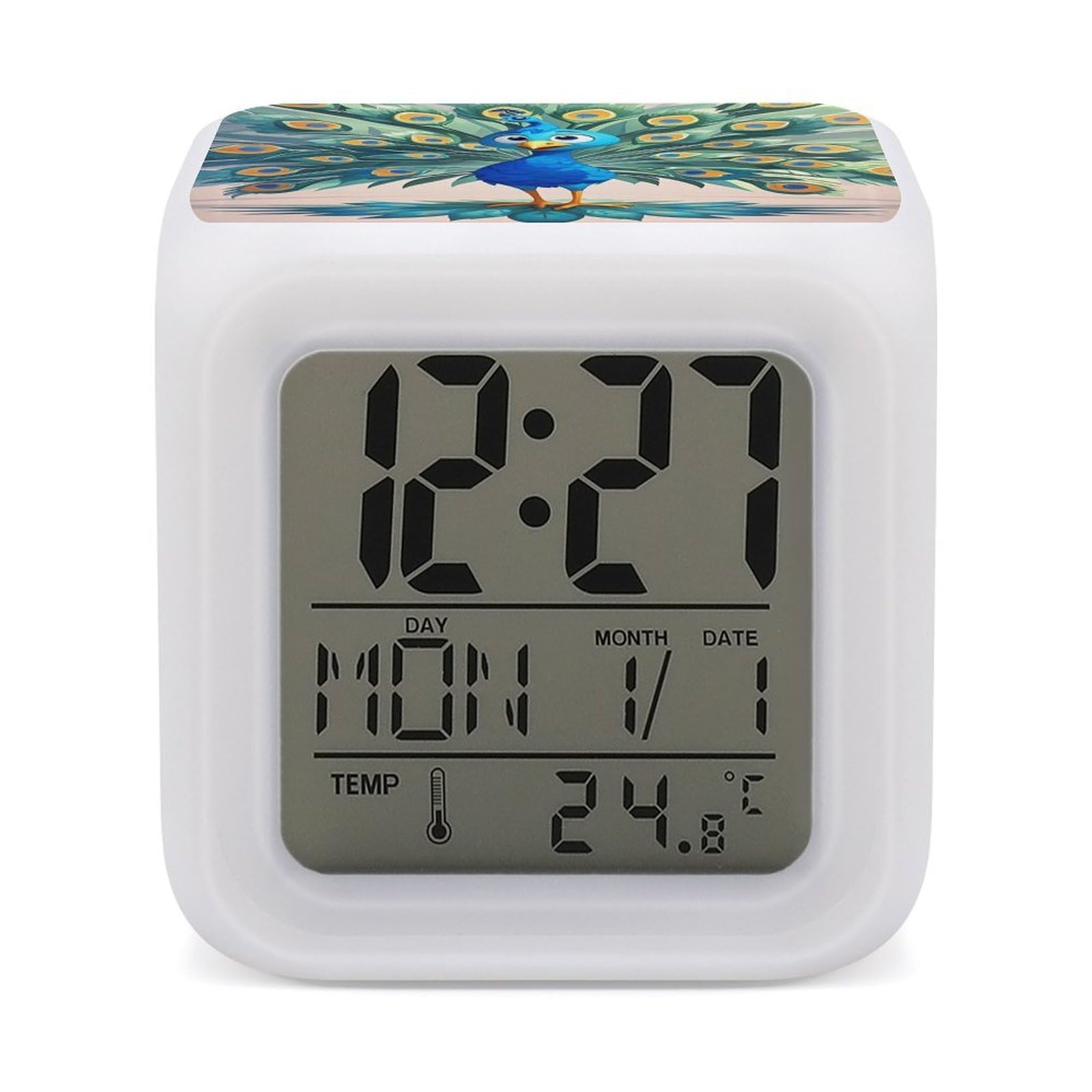 FekiLoot Cartoon Blue Peacock Alarm Clock for Heavy Sleepers Wake Up Digital Clock with 7 Color Changing Night Light Super Loud Digital Alarm Clocks Small Machine Alarm Clocks
