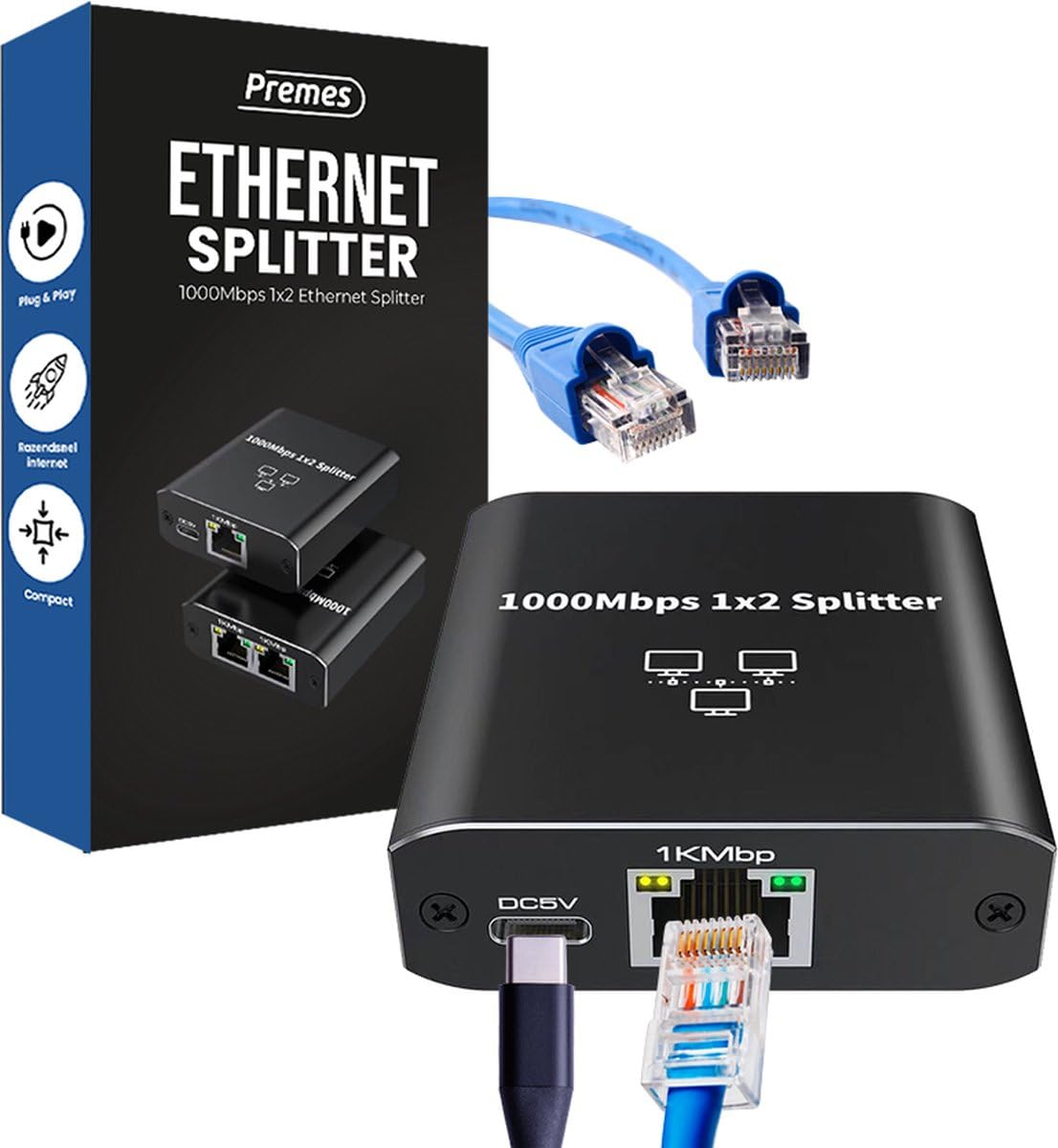 rozdzielacz Internetu, 2 porty, do 1000 Mb/s, od 1 do 2, LAN, UTP, RJ45, rozdzielacz sieci, rozdzielacz UTP, rozdzielacz Ethernet, przełącznik Ethernet, przełącznik sieciowy