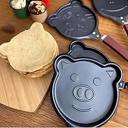 Frigideira Antiaderente com Design de Animais – Panela para Crepe e Omelete, Cabo de Madeira, Preta, Ideal para Café da Manhã e Cozinha