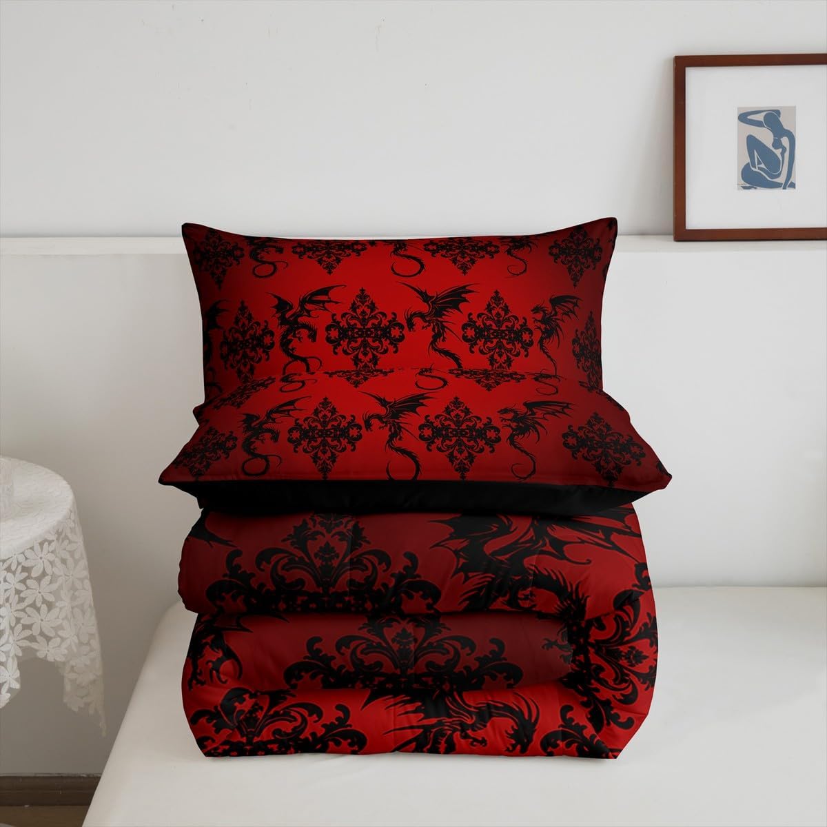 Feelyou Kids Queen Size Red Black Dragon Comforter Set Black Demask Bedding Set Vintage Floral Comforter for Kids Boys Girls Boho Exotic Duvet Insert Adult Bedroom Decor 3Pcs