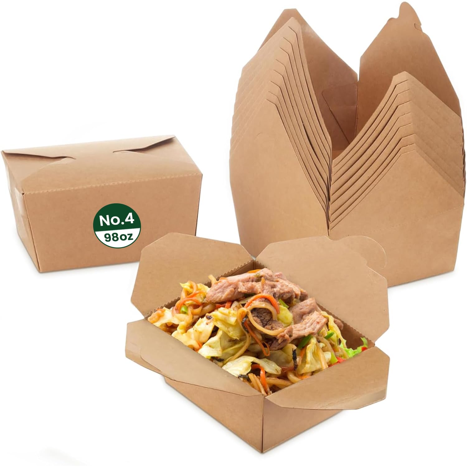 ECONX 98oz No.4 Kraft Takeaway Food Boxes 2800ML Cardboard Leak-Proof Biodegradable Kraft Deli Food Take out Containers For Sandwich, Cheesecake, Burger Snack Salad Lunch Boxes Party (50)