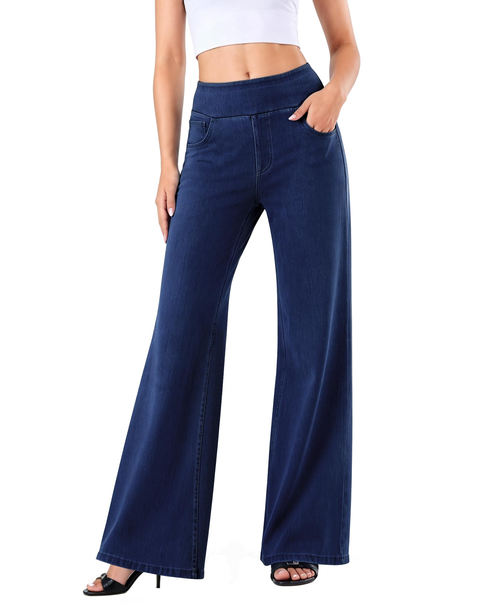 LaiEr Jeans a Gamba Larga da Donna,Vita Alta,Modellante sulla Pancia,Taglio Dritto e Ampio,Alta Elasticità Baggy,Senza Sbiaditure,Adatto per Tempo Libero,Yoga e Fitness,Jeans Elastici a Gamba Larga
