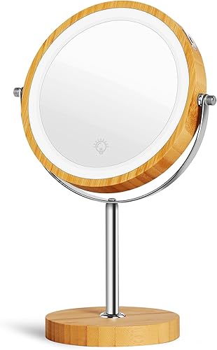 SLIMOON Espejo de maquillaje iluminado de 8 pulgadas con soporte de bambú, espejo de aumento de doble cara 1X10X con luz, brillo de 3 colores