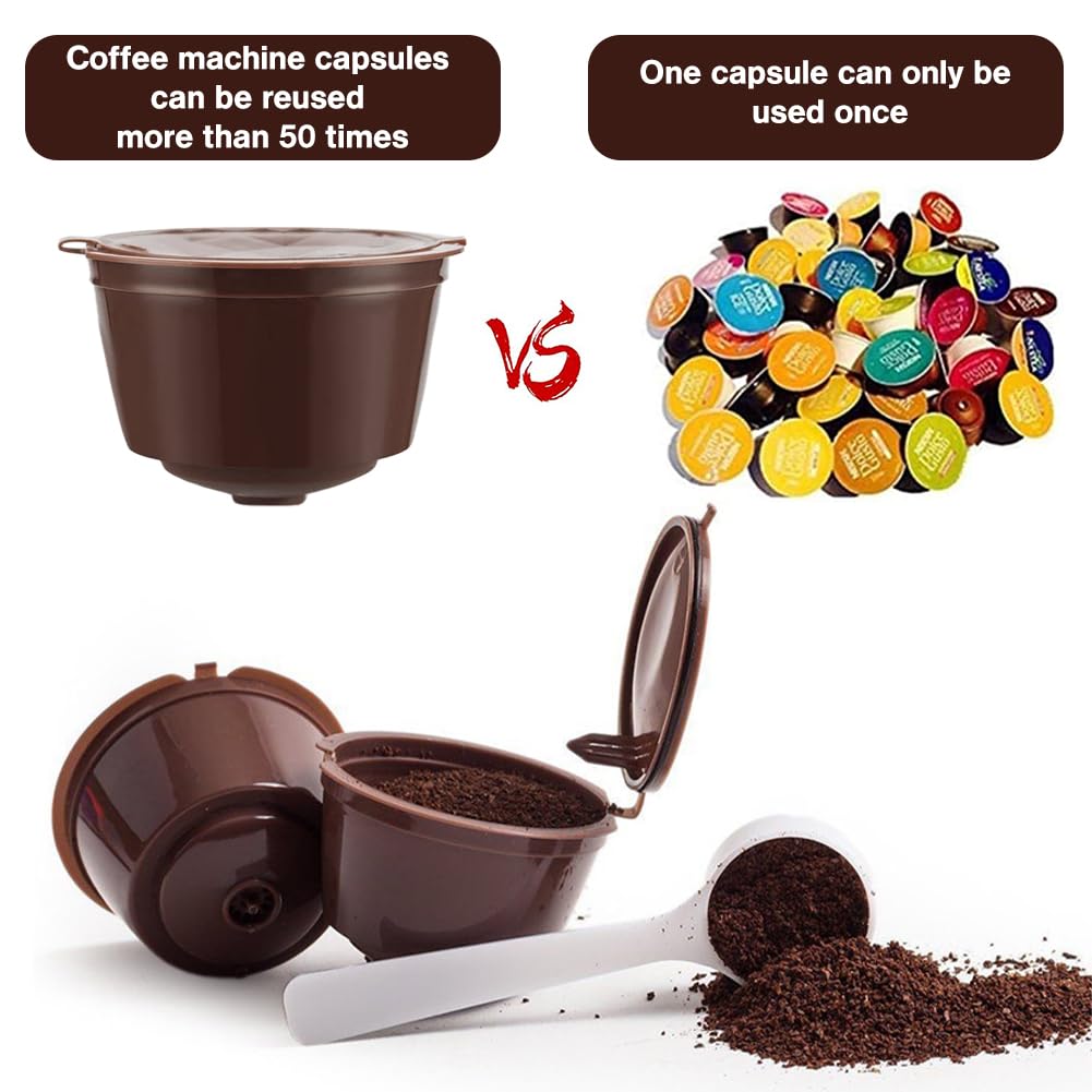 6x Wiederverwendbare Kaffeekapseln Für Dolce Gusto – Inkl. 2 Löffel & 2 Bürsten, Braun, Aus Lebensmittelechtem PP
