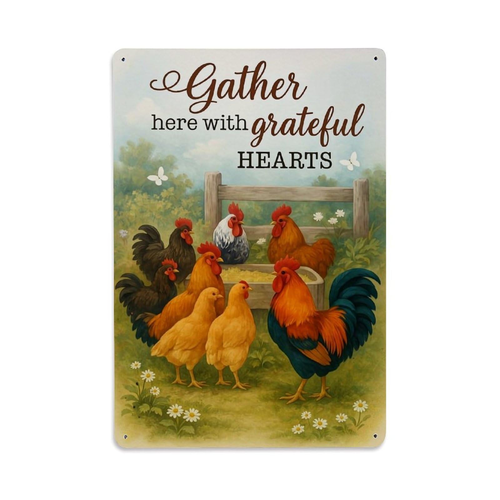 Jdfenggu Vintage Chickens Gathering In Garden Scene Retro Metal Tin Sign, Decor Art Poster For Bar, Home, Man Cave, Kitchen, Laundry Room Gift 8X12inch