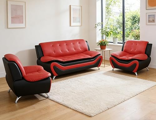 Miniatura 17 de Sofás Seccionales de Cuero, Conjuntos de Muebles de Sala de Estar, 3 Piezas Conjunto de Sofá Moderno para Sala de Crema