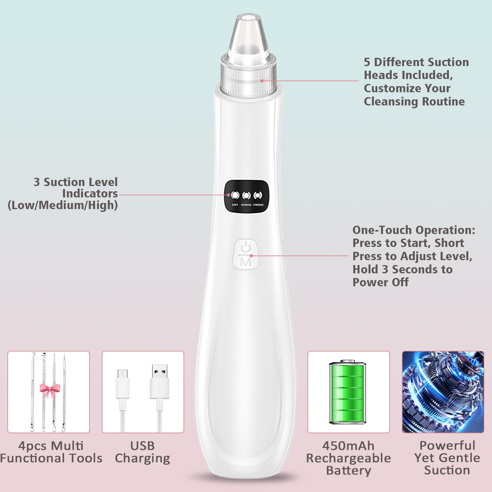 Aspirapolvere per punti neri, estrattore di punti neri, 5 potenza di aspirazione 3 aspirazione regolabile, kit per la pulizia dei pori del viso ricaricabile tramite USB, strumento elettrico per donne