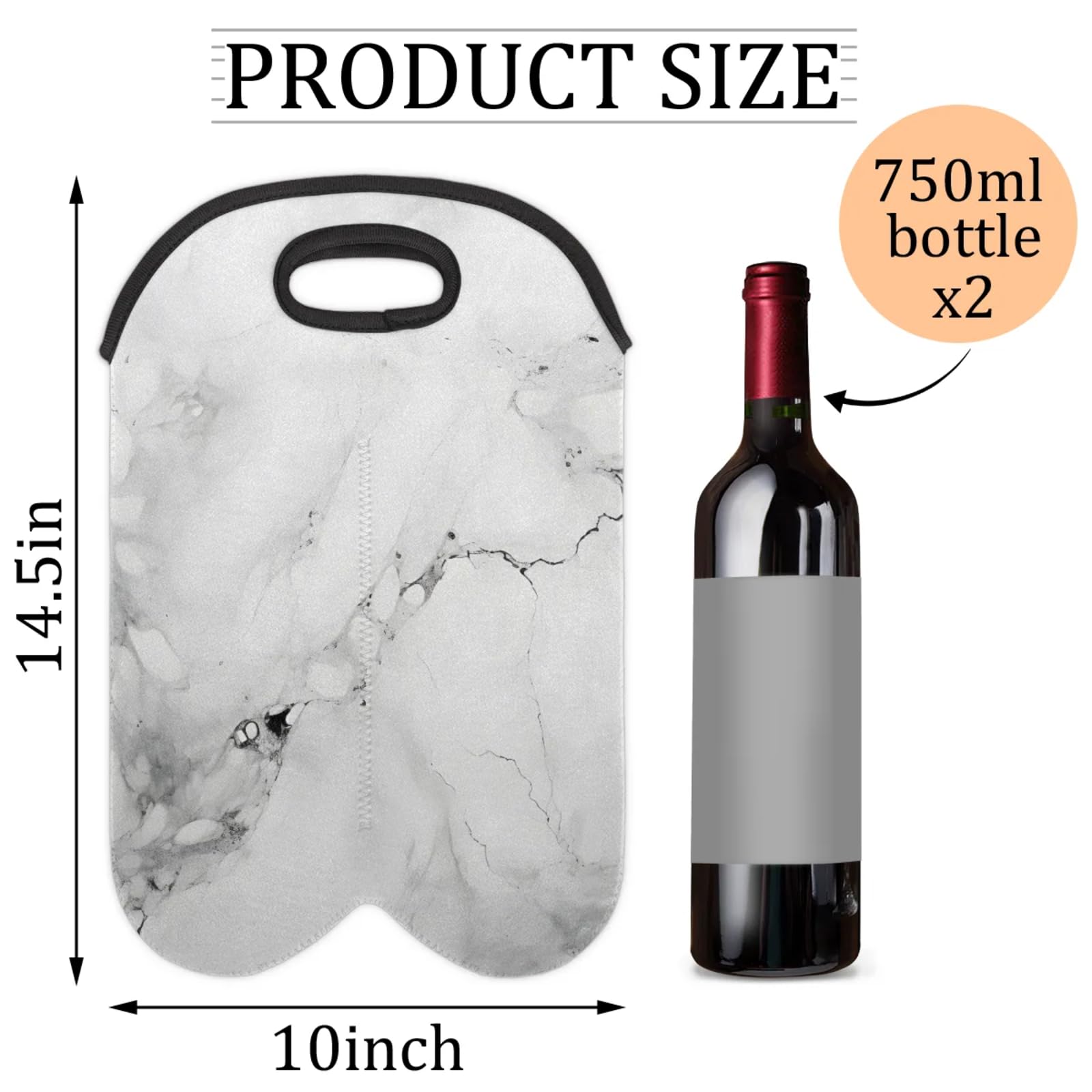 GzLeyigou 2 Bottles Abstract Marble Wine Bag Sleeve Totes White Grey Neoprene Protective Wine Carrier Bag for Wine,Water, Champagne, Beer, Baby Bottles,Gift 14.5 x 10 Inches