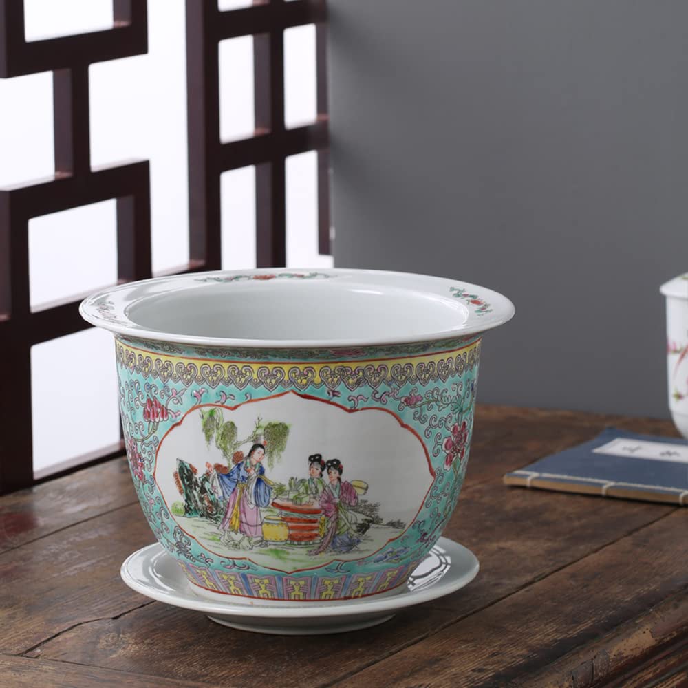 SWENEEN Jingdezhen Ceramic Flower Pot Hand Painted Pastel Porcelain Palace Chinese Style Retro Style Chinese Intangible Cultural Heritage Chinoiserie Flower Pot,