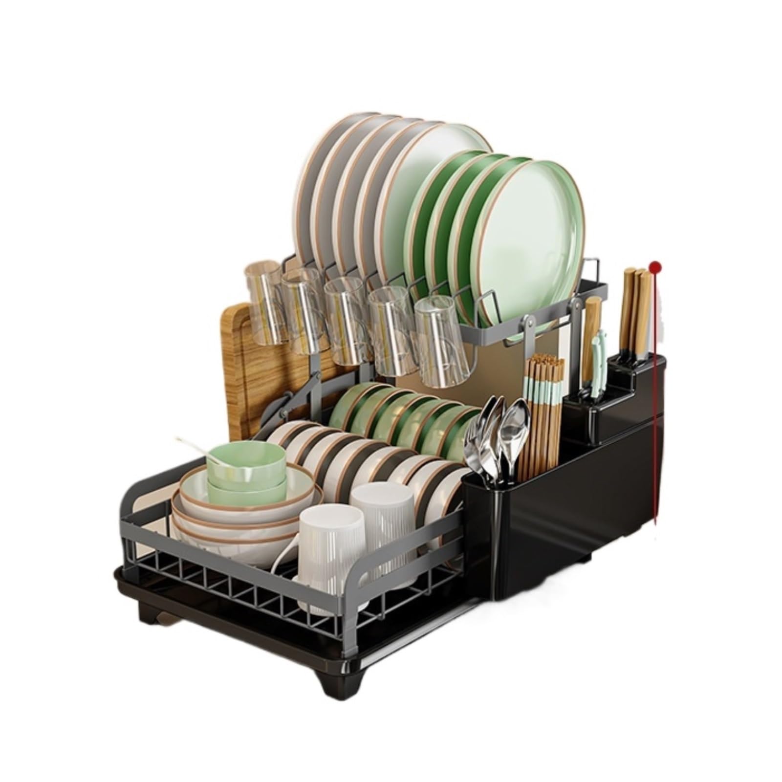 GENTERUN Dish Drainers Two Tier Dish Drying Rack Rotating Drainer Tray With Utensil And Cup Holder For Kitchen Counter(Gray)