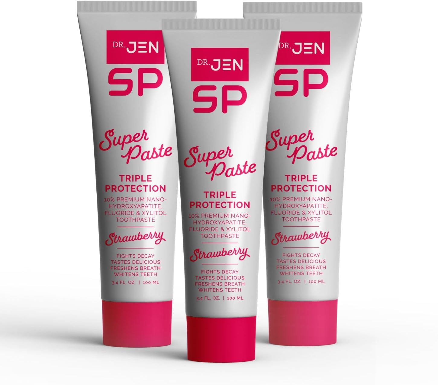 Dr. Jen Super Paste Toothpaste with Fluoride + 10% Nano Hydroxyapatite, Xylitol, Strawberry, SLS Free, Vegan, Dentist Designed, Essential Oils, Fresh Clean Feel, 3 Pack