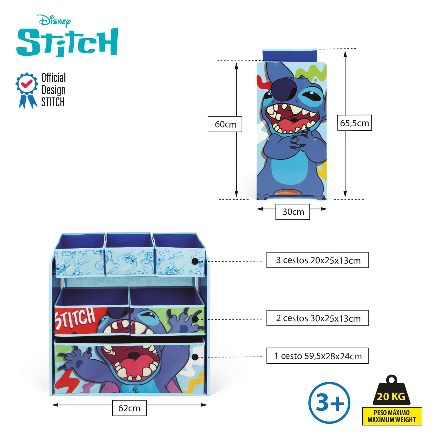 ARDITEX – Organizer aus Holz mit 6 Textilboxen mit Stitch-Motiv von Disney – 62x30x60 cm – Farbe Blau – Perfekt zum Aufbewahren von Spielzeug im Kinderzimmer