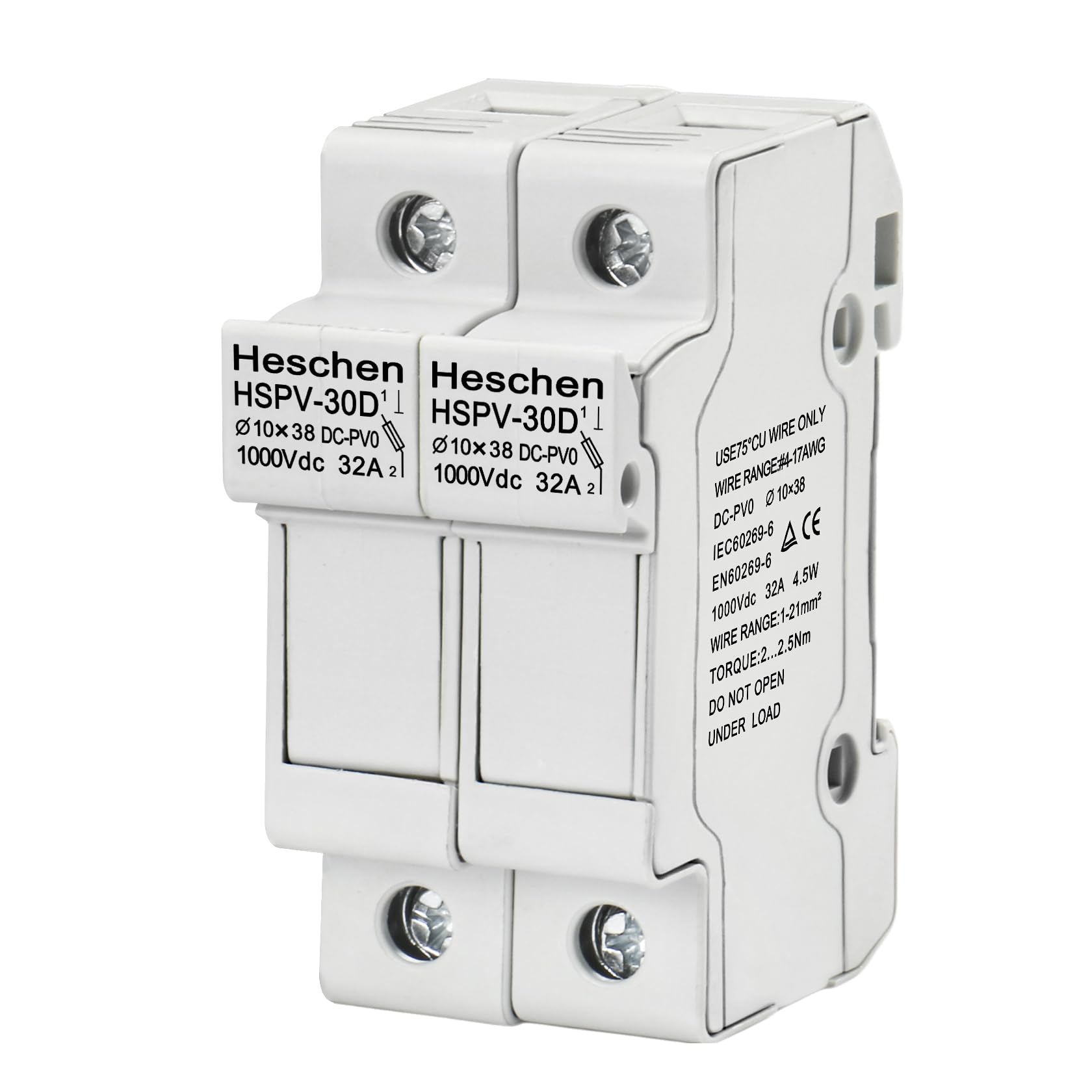 Heschen Portafusibili solare/fotovoltaico, portafusibili PV, HSPV-30D, DC1000V 32A, 2 poli, montaggio su guida DIN da 35mm, per fusibile HSPV-30 ST-10PV 10 * 38 mm, CE Listed (1)
