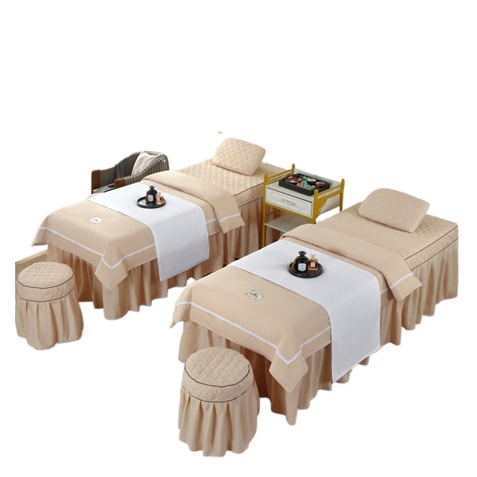 Massage Table Skirt 4pcs Beauty Salon Massage Bed Cover Sets Spa Bedskirt with Hole, Pillowcase, StoolCover, Dulvet Beddings(Color 3,190x80cm)