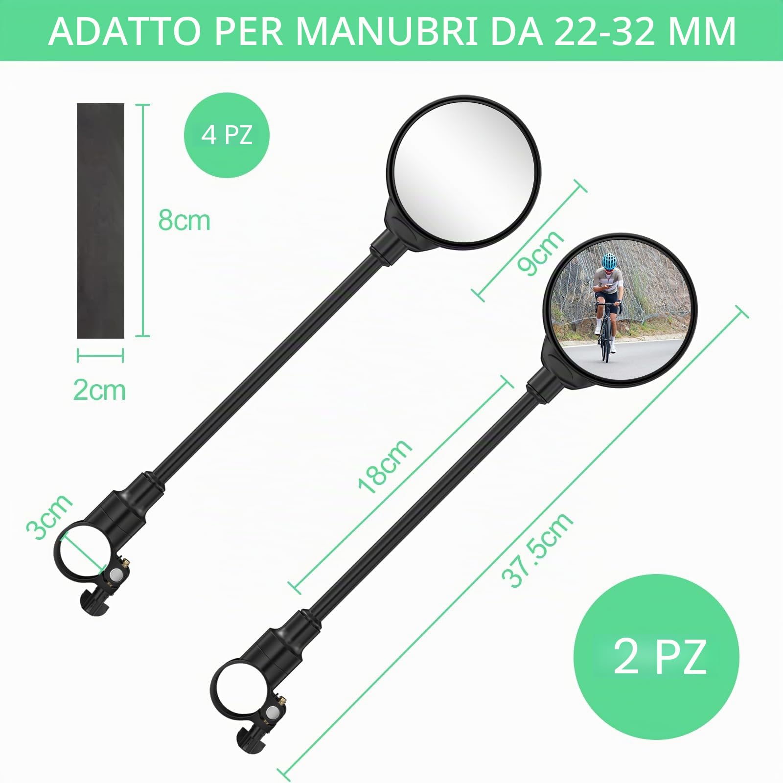 Gvolatee 2 Pezzi Specchietto Bici Elettrica, 360° Ruotabile Specchietti Bici, Specchietto Retrovisore per Bicicletta, Specchio per Scooter Elettrico per Manubrio 22-32mm, Tondo HD Specchi Bici(Nero)