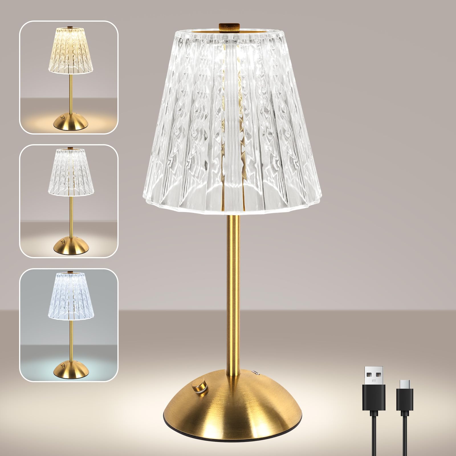 vsshe Cordless Touch Table Lamp, LED Rechargeable Desk Lamp, Bedside Reading Light, 3 Colors Dimmable Battery Operated Vintage Ambient Lamps for Bedroom Restaurant Kitchen Bar Home Decor