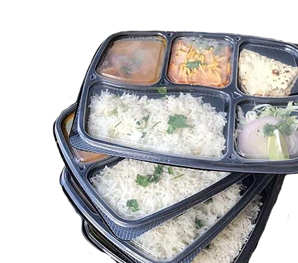 Tia Crafts Microwave Safe 5 Compartment Meal Tray with lid for Dinner, Lunch | Made of 100% BPA Free Food Virgin Plastic Black (10)