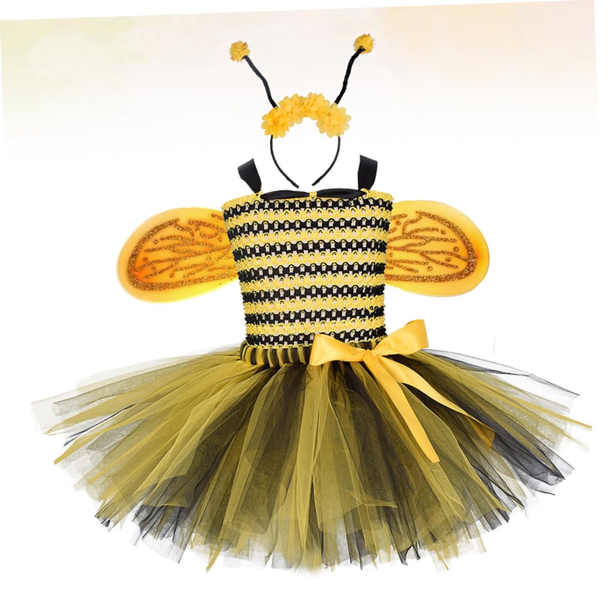 Bienenkostüm Mädchen mit Tüllrock und Flügeln Weiches Atmungsaktives Material Haarreif Bequemes Faschingskostüm für Partys und Bühnenauftritte