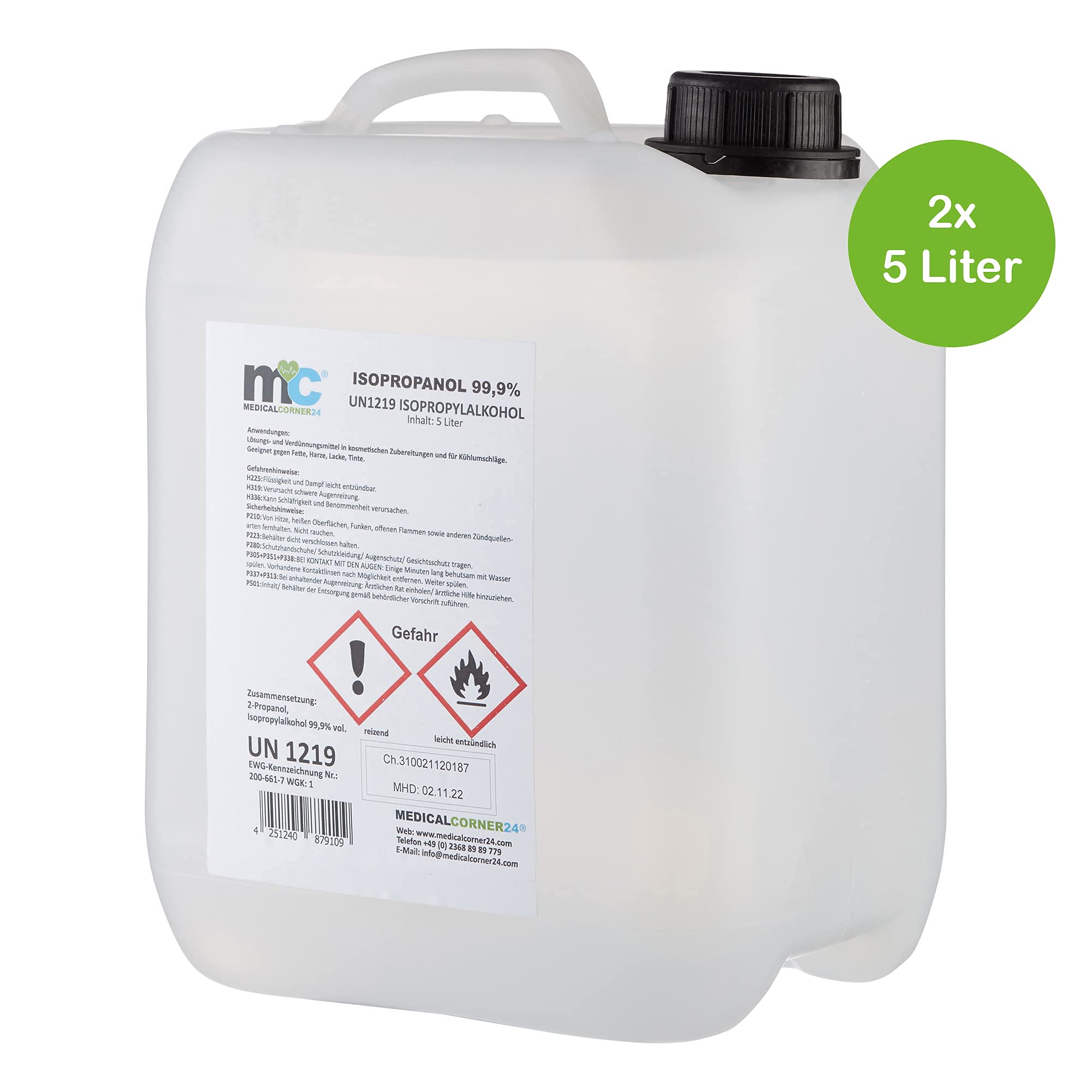 Medicalcorner24 Isopropanol 99,9% isopropylalkohol 2 x 5 l Bidón, Alcohol