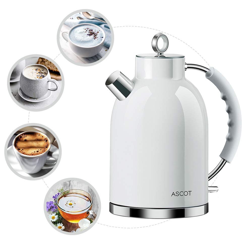 Electric Kettle, ASCOT Stainless Steel Electric Tea Kettle, 1.7QT, 1500W, BPA-Free, Cordless, Automatic Shut-off, Fast Boiling Water Heater - White