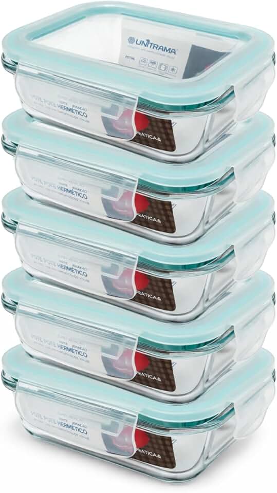 Kit 5 Potes de Vidro Herméticos 370ml – Tampa com Trava, Vedação Airtight, Ideal para Marmitas, Porta Mantimentos, Alimentos e Organização, Acabamento Premium