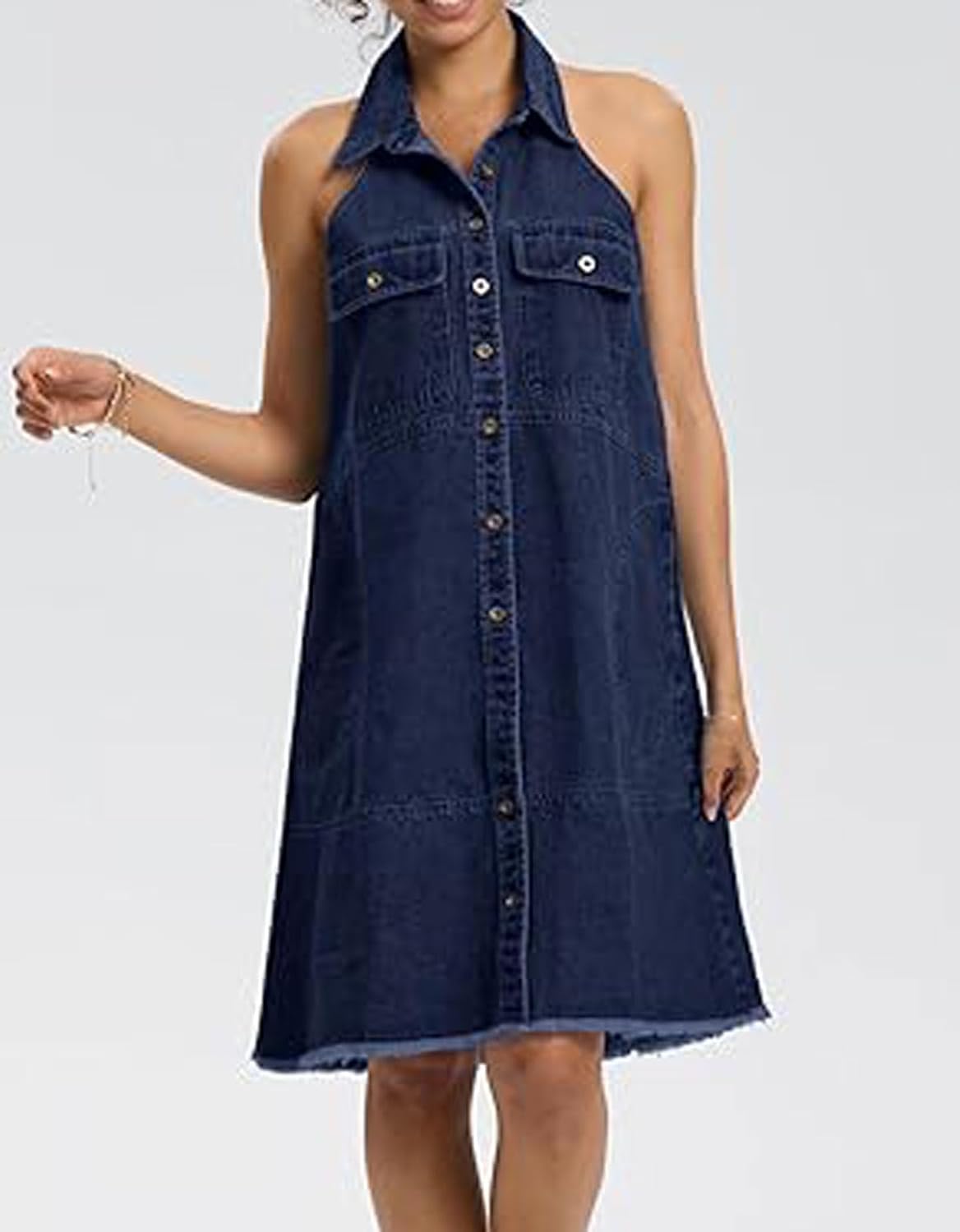 loveimgs Women Casual Sleeveless Denim Halter Dress Button Down Short A Line Shift Jean Shirt Dress Distressed Pockets - Image 3