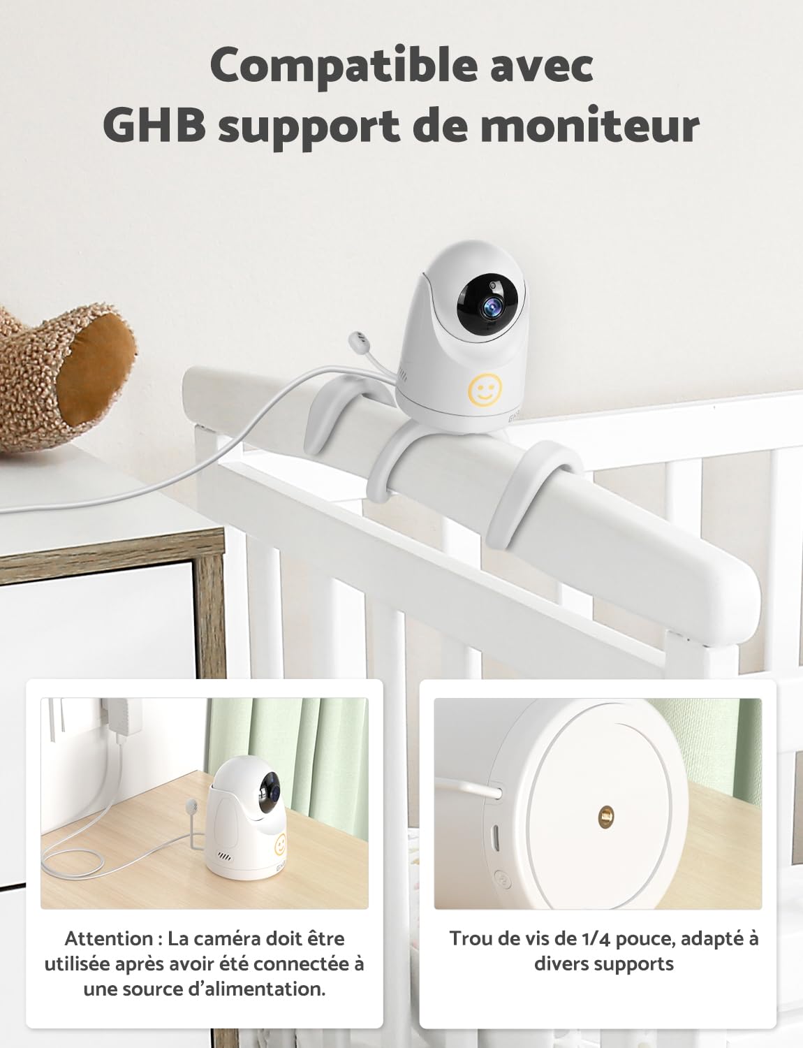 GHB Babyphone Caméra 5'' HD 1080P Caméra Bébé avec Longue Autonomie Batterie 4000 mAh 7 x 24H en Mode VOX 4X Zoom Communication Bidirectionnelle Vision Nocturne Capteur de Température