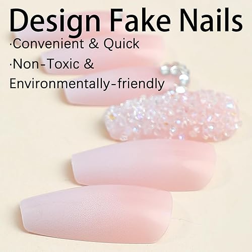 Miniatura 2 de Uñas postizas medianas a presión con forma de ataúd, uñas acrílicas de color rosa y blanco, uñas postizas brillantes, uñas artificiales de lujo con