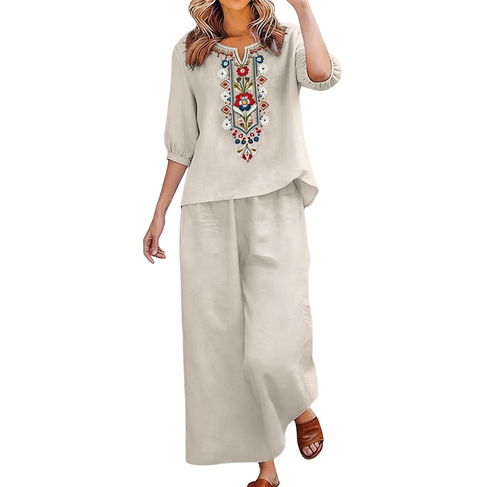 Conjunto Chandal Deportivo Mujer Verano Moda Algodón y Lino Suelto Pantalon y Blusa 2026 Fresco y Transpirable Vacaciones Ropa para El Hogar Fiesta Oficina Negocios Vestir Playa