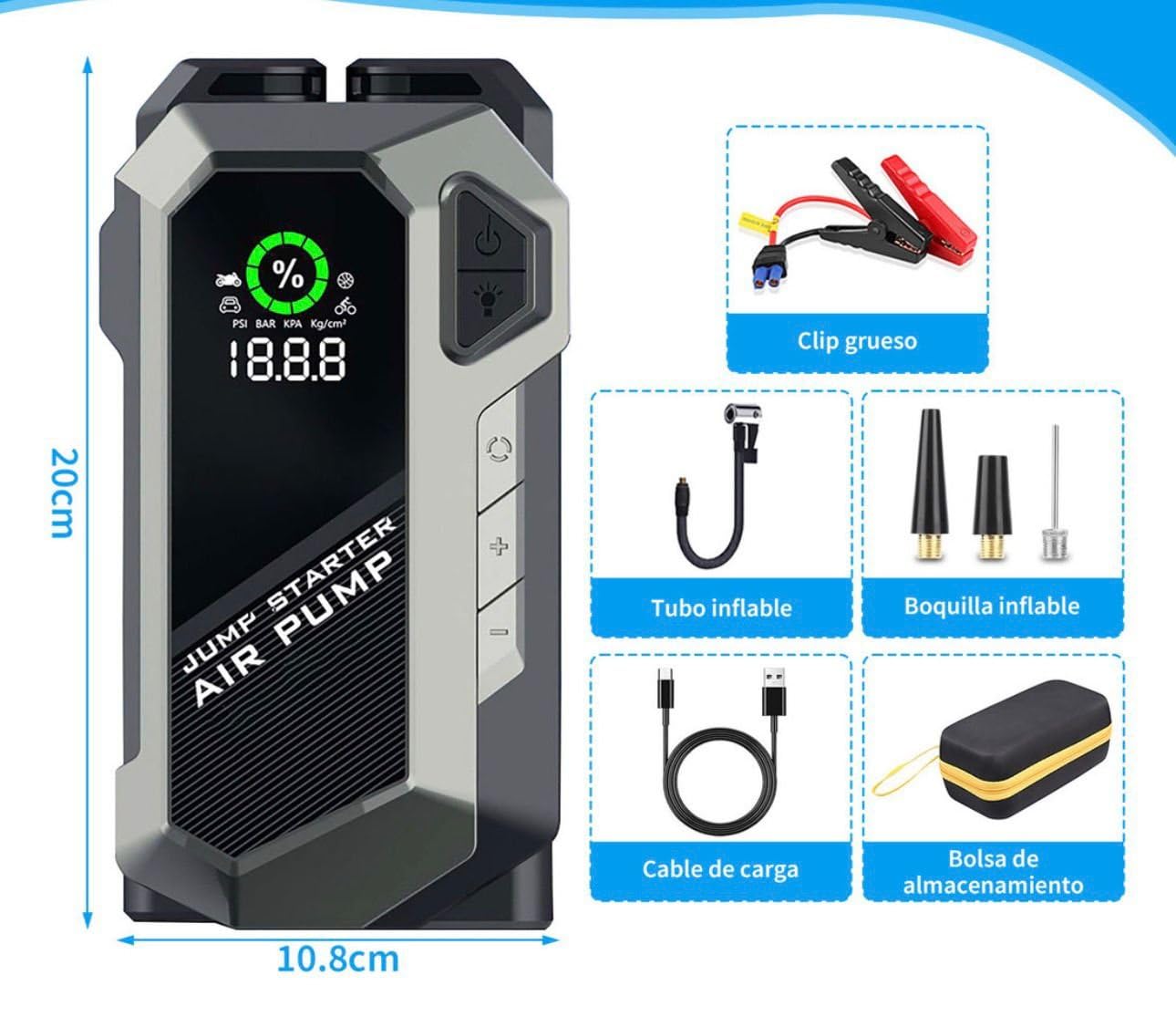 DISCORAMA - KIT AVVIATORE EMERGENZA AUTO MOTO 12V E COMPRESSORE ARIA PORTATILE 2IN1 CON POWERBANK E LUCE LED DIGITALE PER PNEUMATICI E GONFIABILI