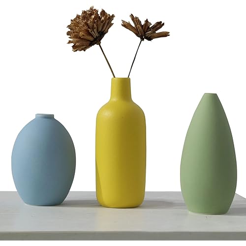 Abbittar Ceramic Vase Set of 3, Flower Vase Minimalism Style for Home Decor, Modern Farmhouse Decor,Living Room Decor,Shelf Decor,Table,Bookshelf,Mantel and Entryway Decor (Yellow, Green and Blue)