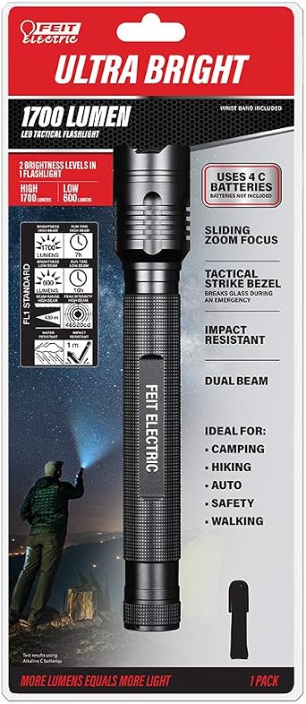 Feit Electric LED Tactical Flashlight - Aluminum Alloy - Zoomable Strike Bezel; Illuminate up to 1,000 feet - Adjustable Brightness 600 to 1700 Lumen | Requires 4-C Batteries