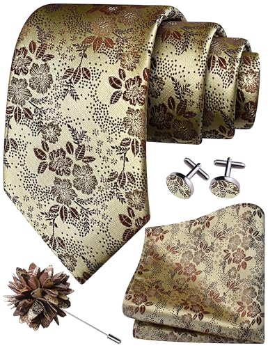 Image of GUSLESON 3.15 inch（8cm） Mens Floral Tie and Lapel Pin Necktie Hankerchief Cufflinks Set for Men