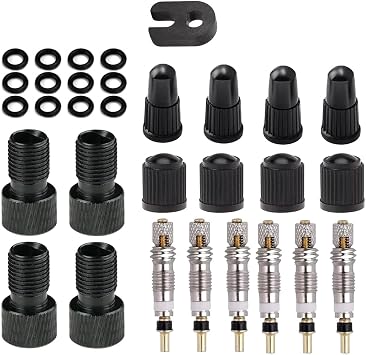 18Pcs Bike Valve Core Tool Set 4Pcs Presta Valve Adapter + 6Pcs Presta Tubeless Valve Cores + 8Pcs Valve Stem Caps Presta to Schrader Valve Adaptor with Core Removal Tool and Sealing Sings
