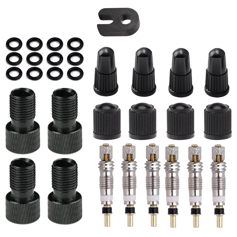 Kigauru 18Pcs Bike Valve Core Tool Set (4Pcs Presta Valve Adapter + 6Pcs Presta Tubeless Valve Cores + 8Pcs Valve Stem Caps) Presta to Schrader Valve Adaptor with Core Removal Tool and Sealing Sings