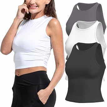 LANBAOSI Women 3 Pack Crew Neck Crop Tank Tops Slim Fitted Sleeveless Shirt