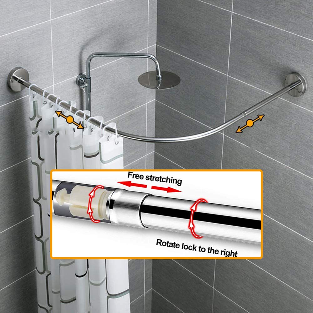 Barra de cortina de ducha ajustable, 100 % acero inoxidable 304, instalación sin taladro, se adapta a barras de baño y bañera en forma de L de 69,8 a 95 cm.