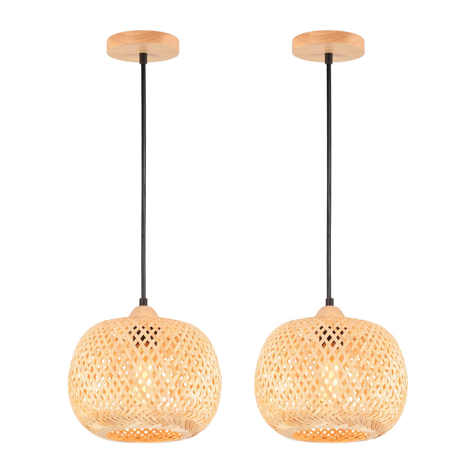2 Piezas Lámpara Colgante de Bambú Tejido Lámpara de Techo Boho E27 Pantalla de Bambú Lampara Techo Ratán Vintage Deco para Dormitorio Salone Cocina Cafetería, Ø25cm