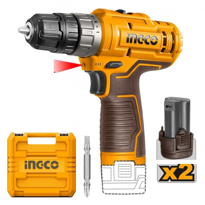 INGCO Taladro inalámbrico de 12 V, 2 baterías de iones de litio de 12 V y 1,5 Ah, cable USB tipo C, no incluye cargador - Modelo: CDLI12202