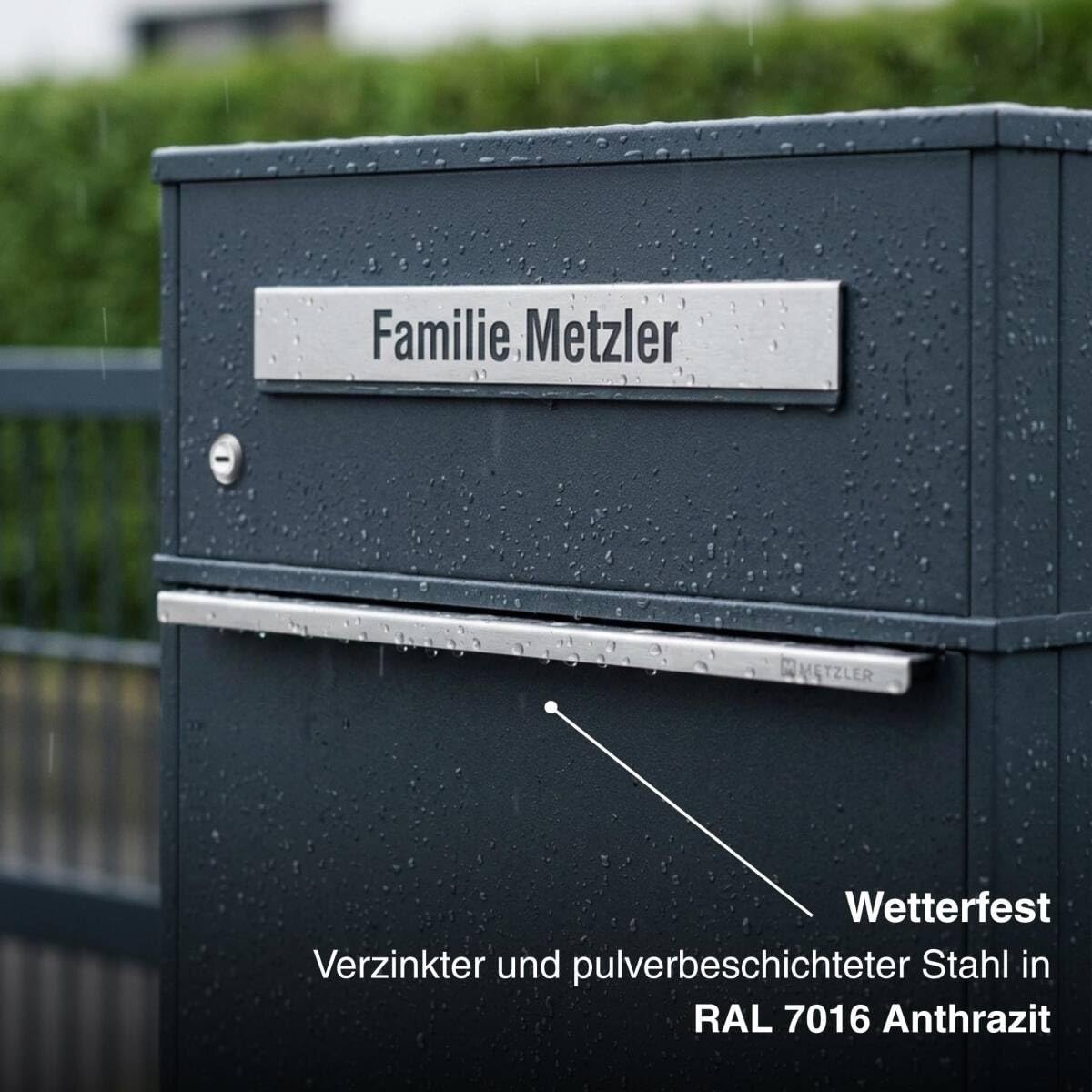Metzler Paketbox mit Briefkasten | Paketbriefkasten mit LED | seitliche Sichtfenster | Paketkasten personalisiert mit Gravur | RAL 7016 Anthrazit | Bispo 2