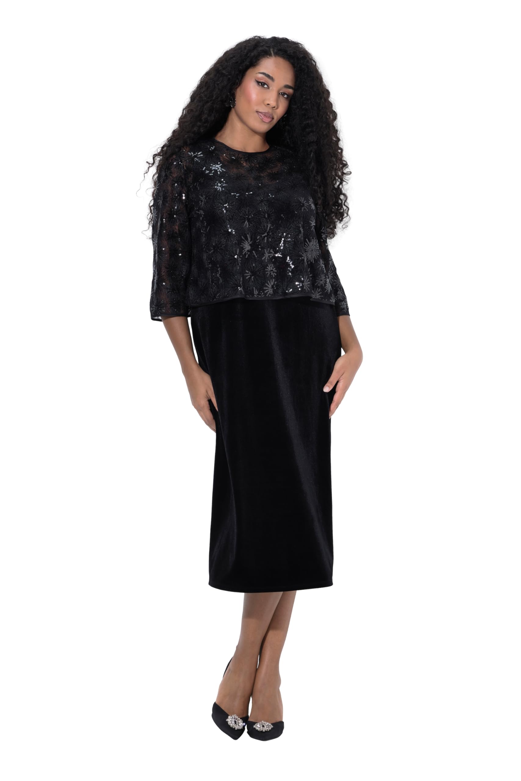 Ulla Popken Damen große Größen Übergrößen Plus Size Cocktail-Midikleid, Pailletten, Rundhals, 3/4-Arm 842656