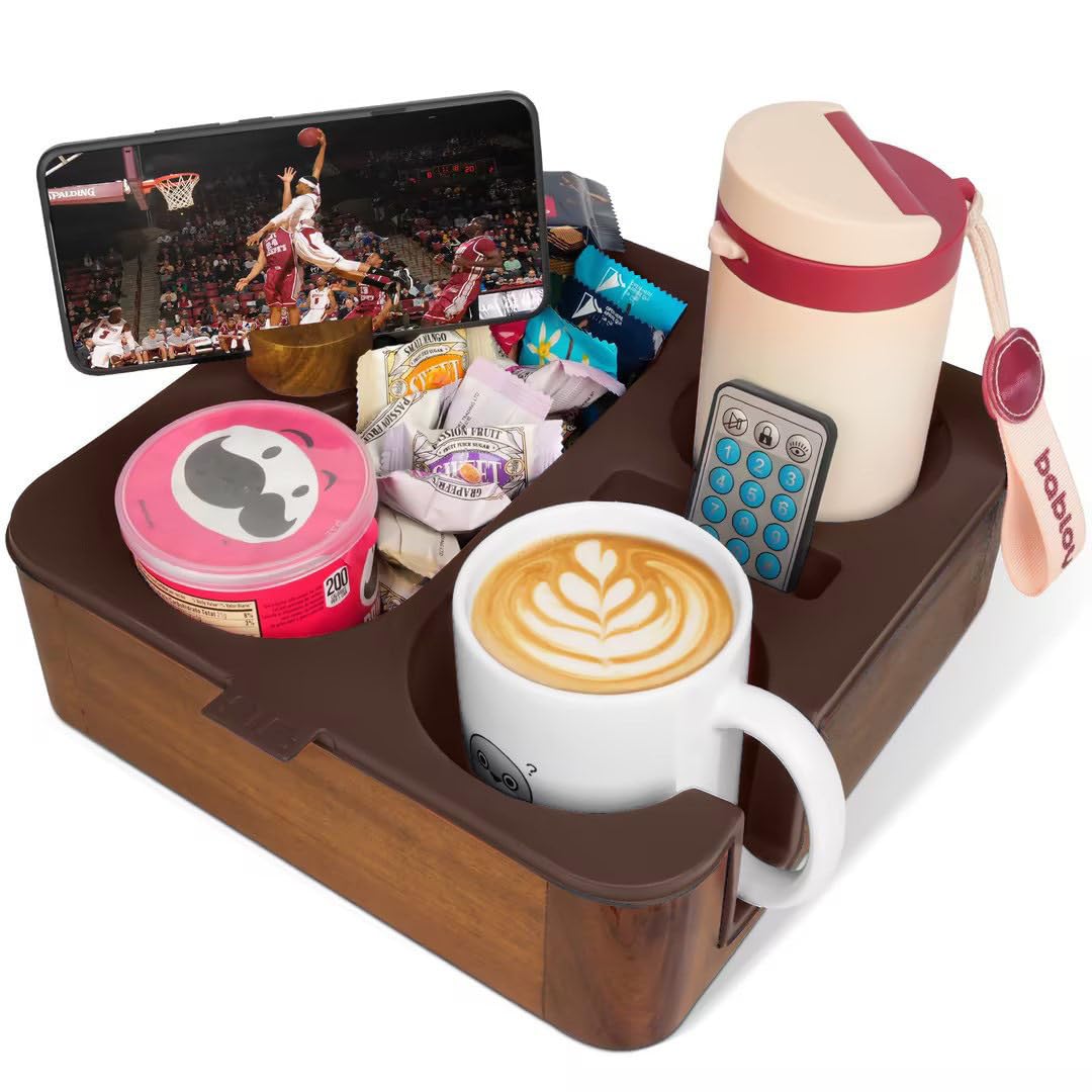 Couch Cup Holder Tray, Real Acacia Wooden Caddy with Soft Silicone, Snack and Drink Organizer- Perfect Movie Night Accessories for Bed, Remote and Cup Holders for Sofa (Coffee)