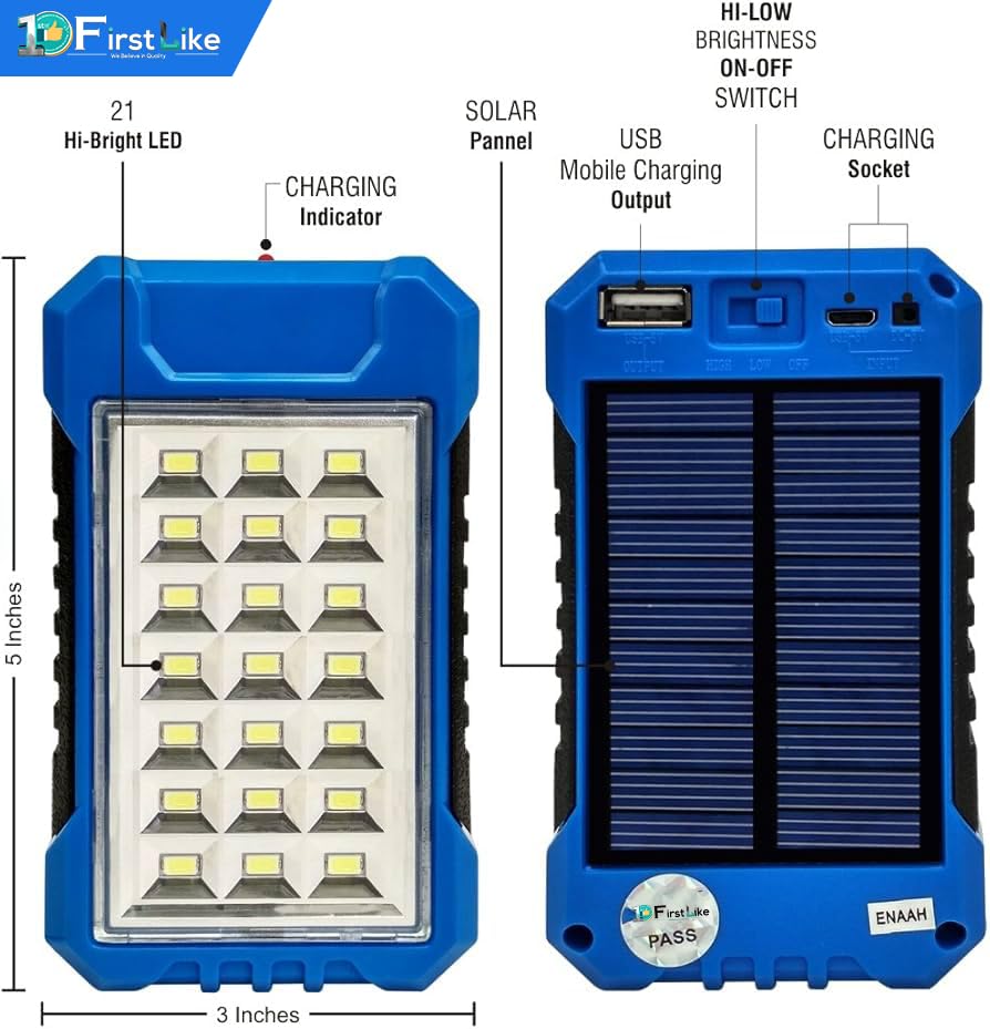 Image of Solar LED Light with Power Bank, 21 LED, 2500mAh Battery, 6V Solar Panel, USB Charging Port (Blue)