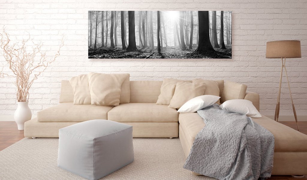 artgeist Acoustic Canvas Wall Art Print Forest 47x16 in - 1 pcs Picture with Acoustic Foam Sound Print Artwork Room Acoustics Soundproofing - Black White Woods Landscape Nature c-B-0235-b-a