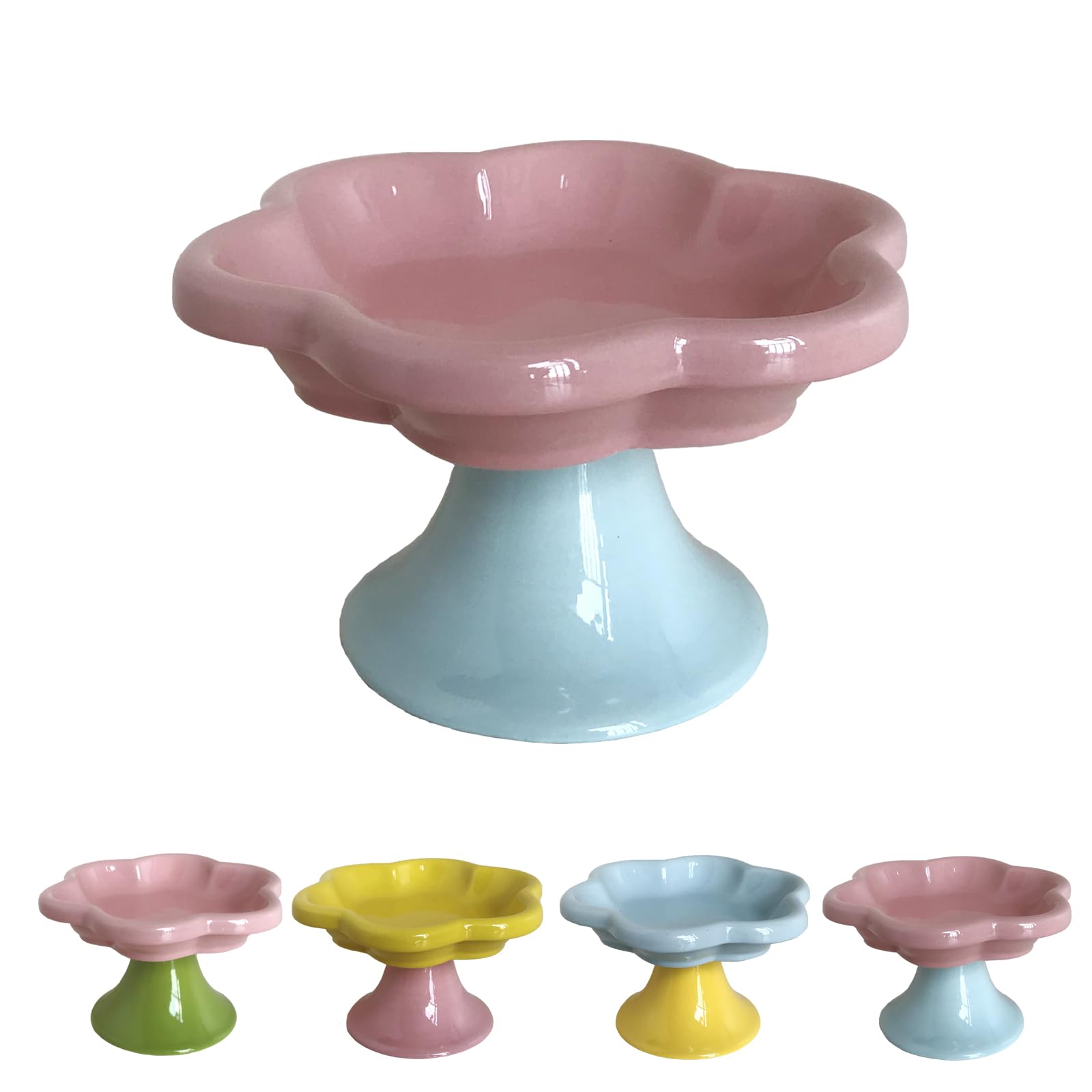 Ceramic Elevated Cat Bowls Flower Dish,Small Raised Dish.Flower Ceramic Raised Bowls for Cats and Small Dogs reducing pet’s Neck Bending and Pressure（Pink Blue）