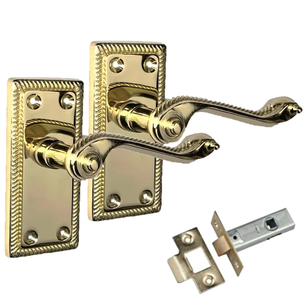 Epsom Door Handle Georgian Scroll Brass Door Handle Set – Internal Lever Handles with Backplate (108mm x 48mm) – Classic Polished Brass-Plated Finish – Pair with Tubular Latch